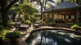 Backyard oasis of luxury villa with pool lounge area