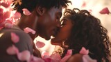 African American Couple in a tender embrace surrounded by falling pink rose petals. Romantic moment. Ideal as postcard for Valentines Day, wedding, love story themes. Concept of passion and tenderness