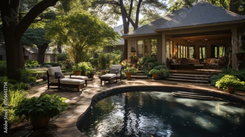 Backyard oasis of luxury villa with pool lounge area © Lazylizard
