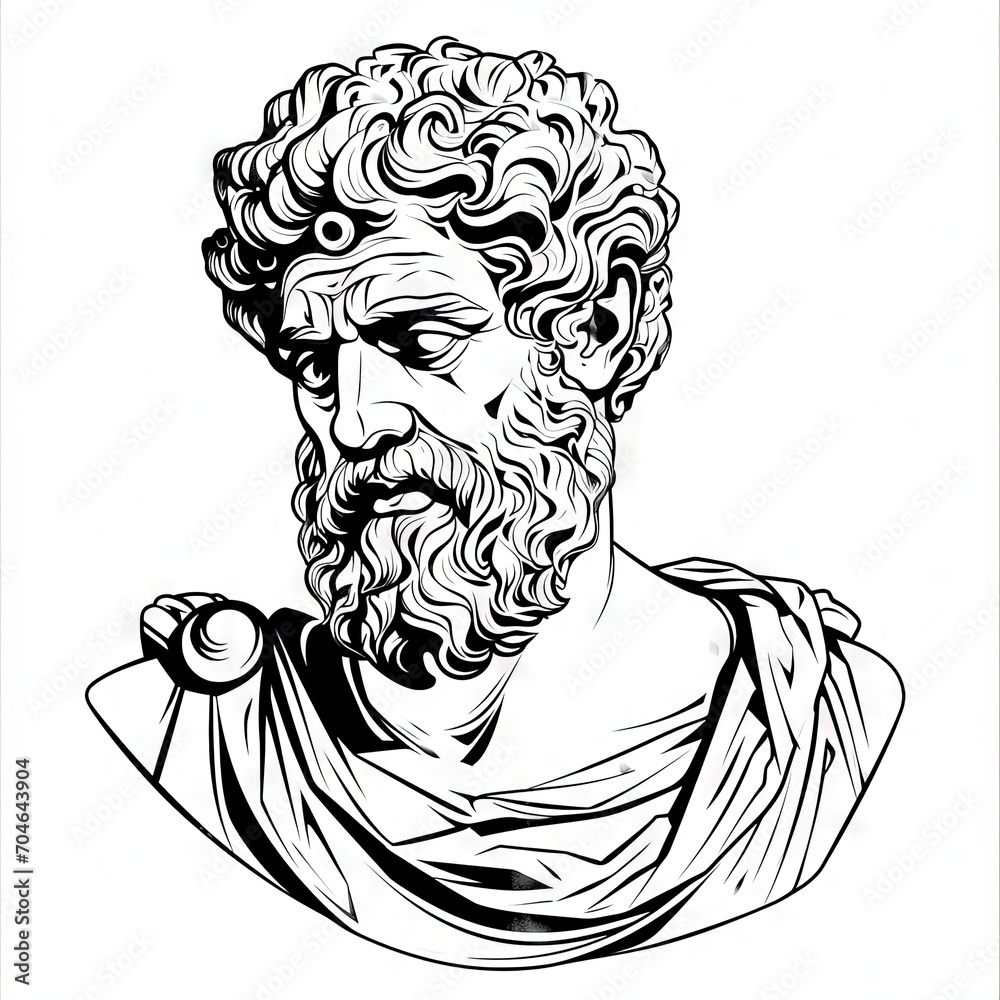 Stoic statue of a person. Ancient greek or roman stoicism. Black and white line drawing.