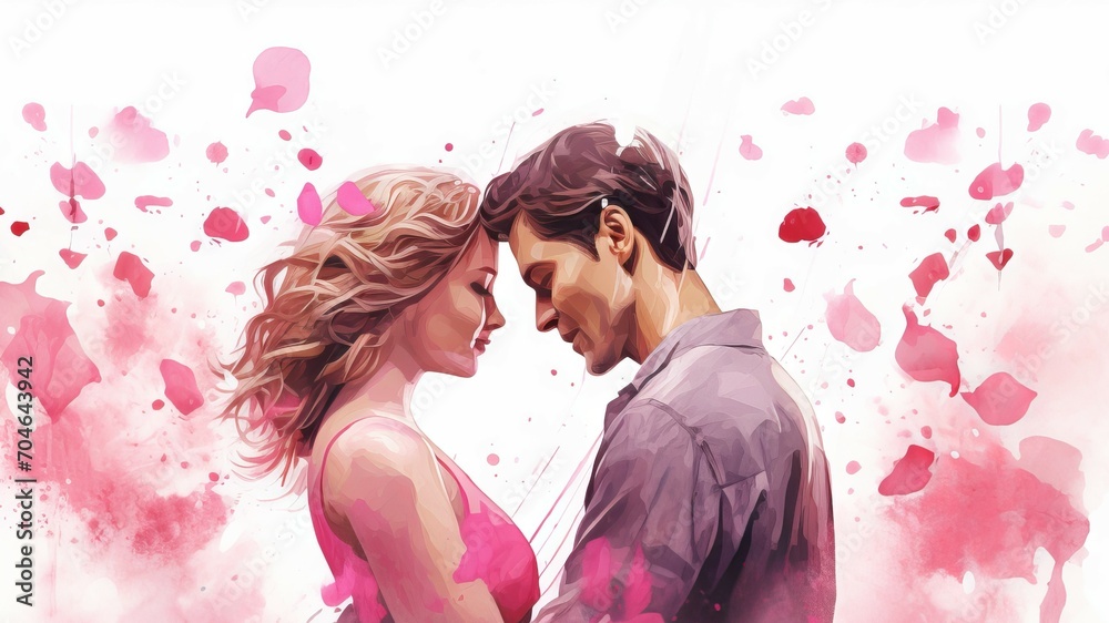 Watercolor illustration of a couple in a tender embrace surrounded by falling pink rose petals. Romantic moment. Ideal as a postcard for Valentines Day, wedding or love story themes Watercolor illustration of a couple in a tender embrace surrounded by falling pink rose petals. Romantic moment. Ideal as a postcard for Valentines Day, wedding or love story themes