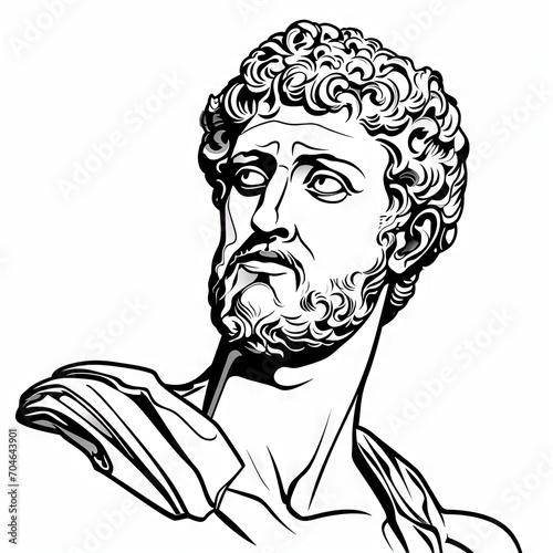 Stoic statue of a person. Ancient greek or roman stoicism. Black and white line drawing.