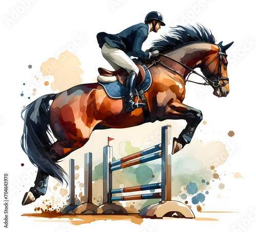 Jockey on horse. Jumping competition. Horse riding. Equestrian sport. Jockey riding jumping horse. Horse sport. Watercolor paint. Banner. Isolated on a white background. show jumping. Generative AI