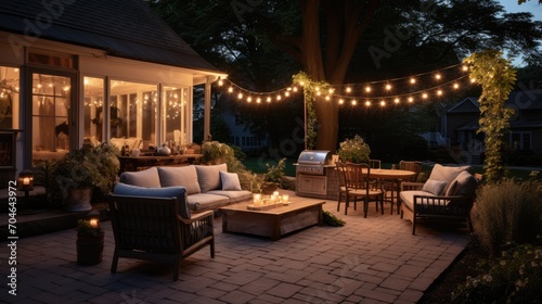 Backyard patio of luxury villa with a fire pit © Lazylizard