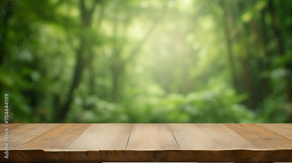 Empty rustic wood table in front of forest nature background, for mock-up design and montage, wooden table ready for mock-up, organic farm product, product display Empty rustic wood table in front of forest nature background, for mock-up design and montage, wooden table ready for mock-up, organic farm product, product display