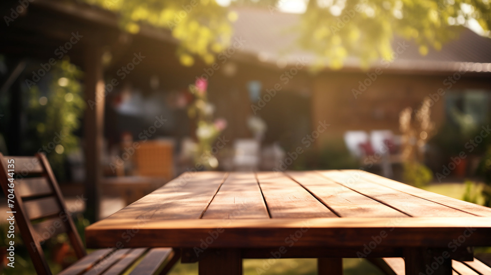 Empty wood table with chair in front of blurry garden, wooden table, for mock-up design and montage, wooden table ready for mock-up, organic farm product, product display