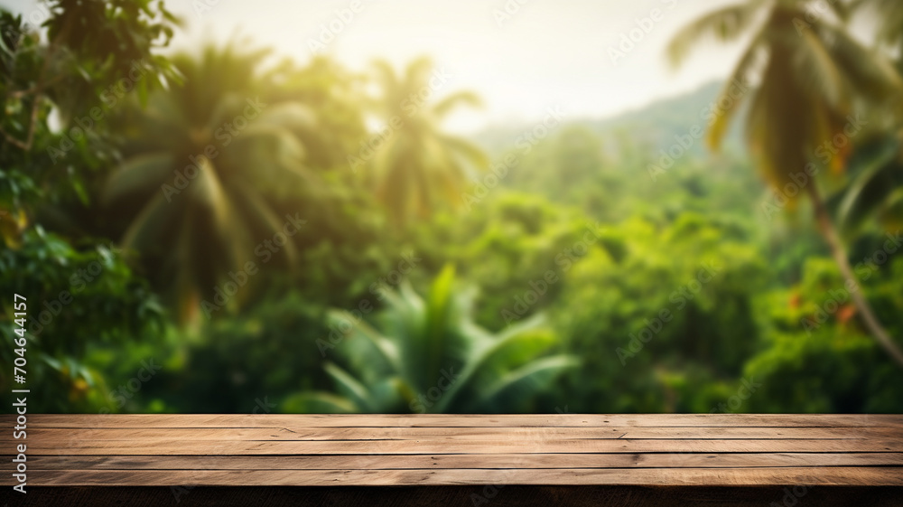 Empty wood table in front of blurry nature background, jungle, for mock-up design and montage, wooden table ready for mock-up, organic farm product, product display