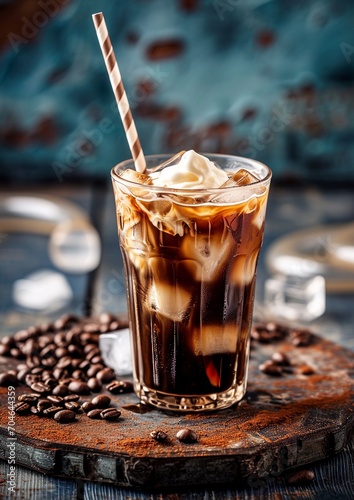 Milk Being Poured Into Iced Coffee on a dark grunge teal wooden table background with copy space.