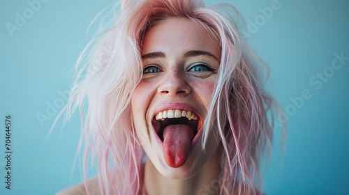 young laughing woman with pastel pink hair, tongue sticking out, blue eyes, peace gestures funny facial expressions