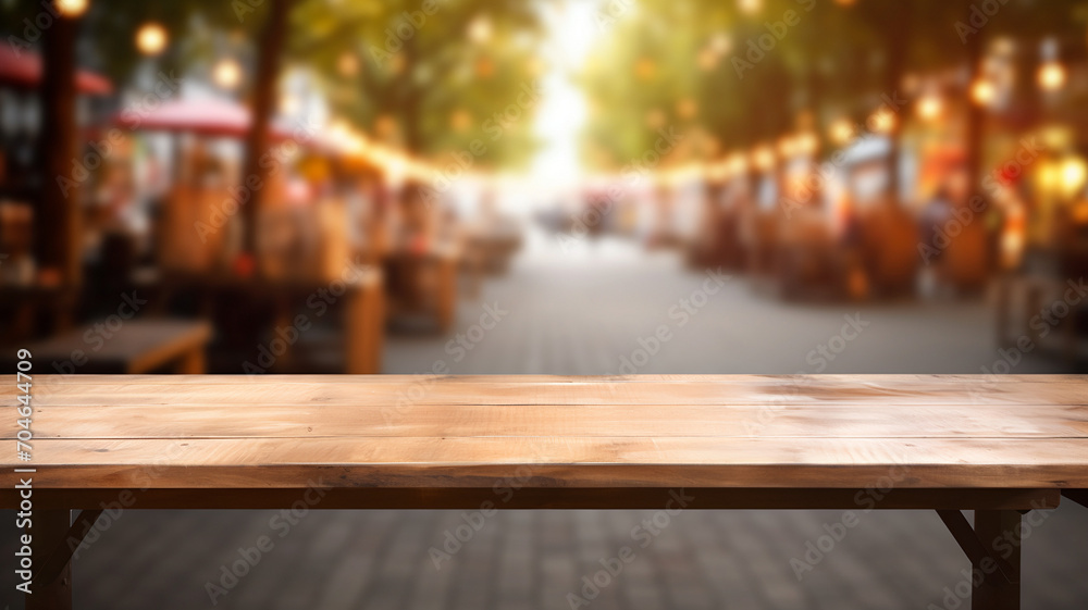 Empty wooden table to display products front of blurred parisian coffee background, sunny packshot, beautiful market city Empty wooden table to display products front of blurred parisian coffee background, sunny packshot, beautiful market city