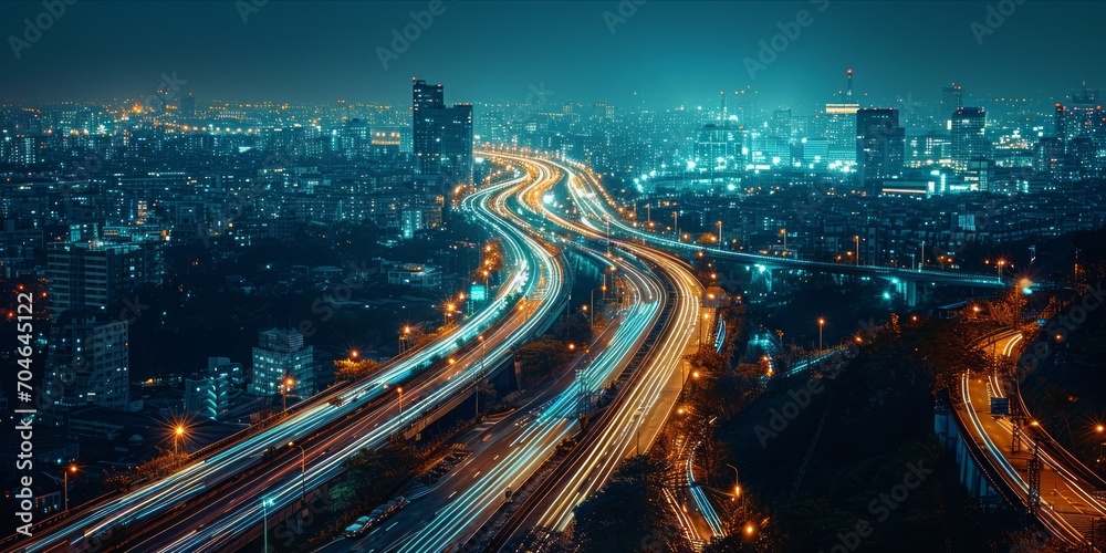 Cityscape Connections: The illuminated web of data transfer intertwining the urban streets on the information highway of the Internet of Things