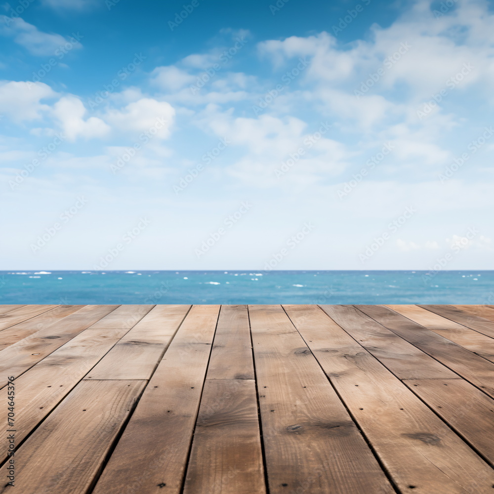 Wooden dock over calm ocean with bright blue sky and white clouds Wooden dock over calm ocean with bright blue sky and white clouds