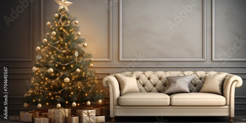 Festive living room with tree and sofa