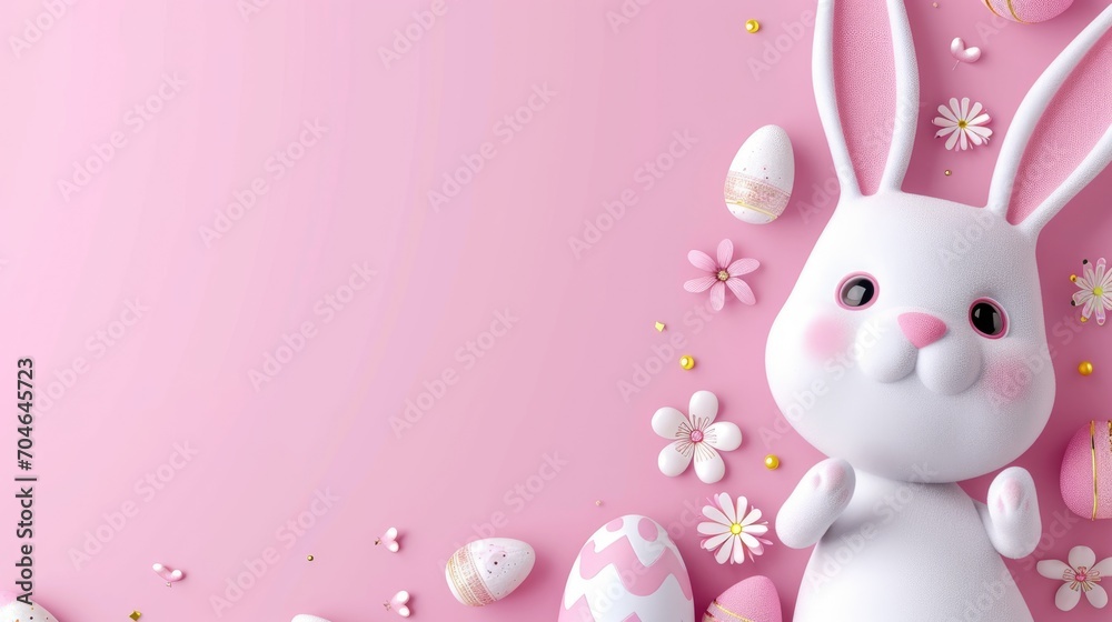 Happy Easter holiday background. Easter bunny, Easter eggs, beautiful spring flowers