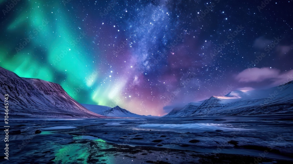  a night sky filled with stars and a green and purple aurora bore above a mountain covered in snow and ice.