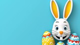 Happy Easter holiday background. Easter bunny, Easter eggs, beautiful spring flowers