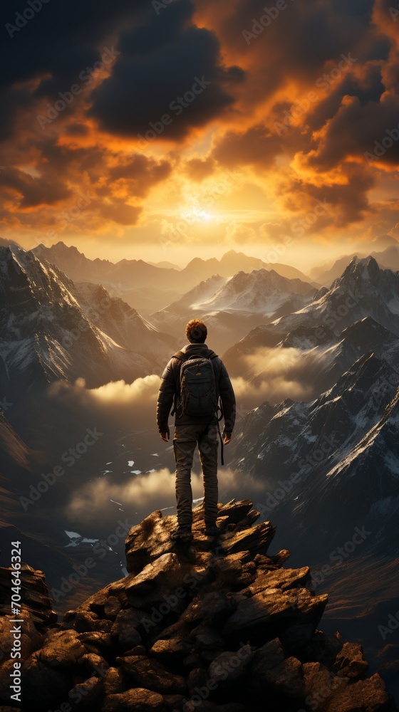 Man standing on a mountaintop overlooking a beautiful landscape