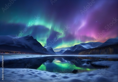 Northern Lights against the backdrop of mountainous snow-covered wilderness