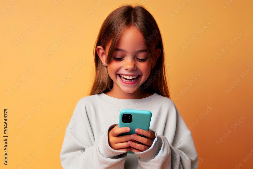 Kid girl smiling and laughing with her phone against a colored background. ai generative Kid girl smiling and laughing with her phone against a colored background. ai generative
