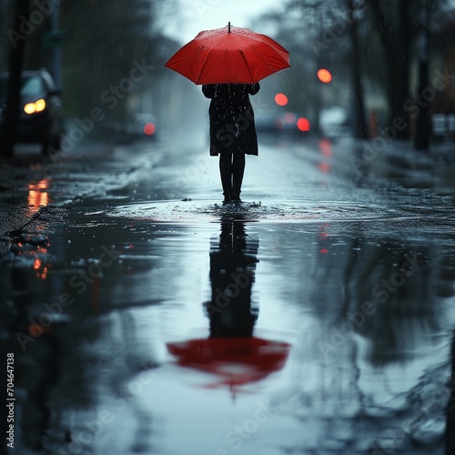 A woman with a red umbrella, rear view, urban scene, ai generated