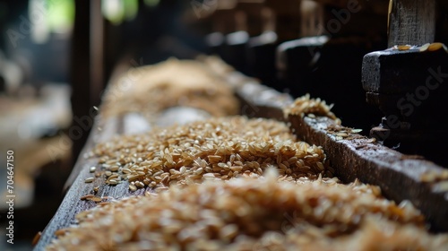  a wooden table topped with lots of brown rice next to a metal container filled with brown rice on top of a wooden table.