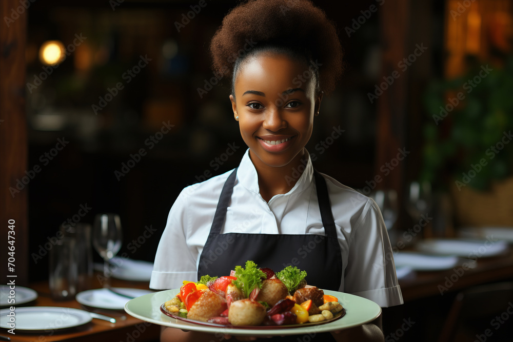 African-American waitress with platter of food welcoming guests