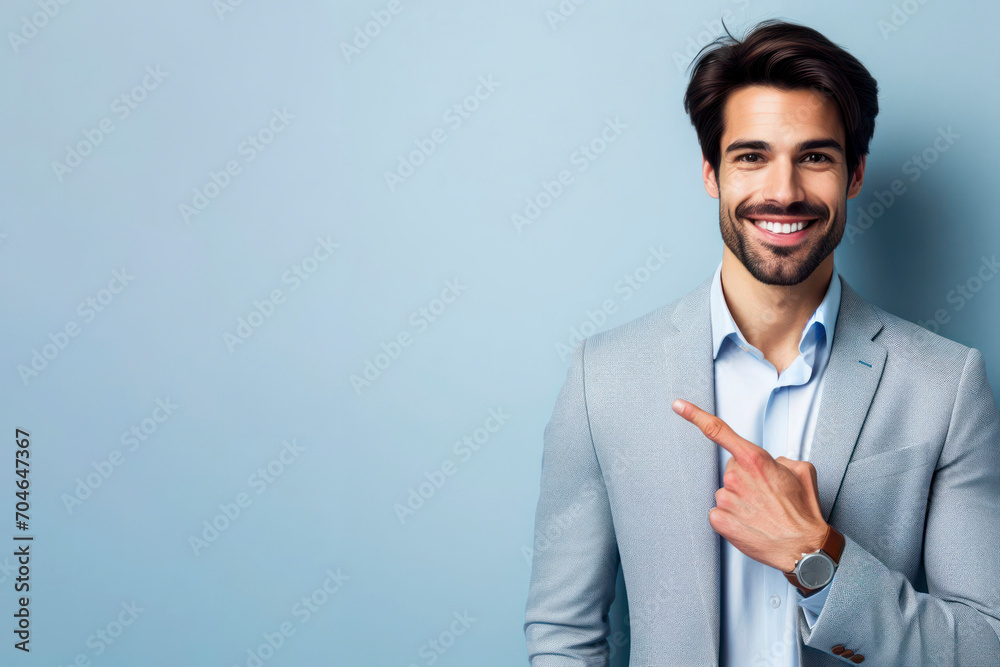 Portrait of cheerful businessman pointing at copy space for advertising against blue background. ai generative - obrazy, fototapety, plakaty 
