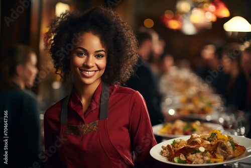 African-American waitress with platter of food greeting guests