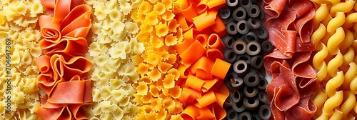 Brightly lit collage of pasta products divided by vertical white lines in seven segments photo