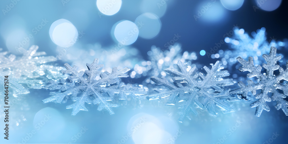 Close-up of Sparkling Snowflakes on a Blue Gradient Background