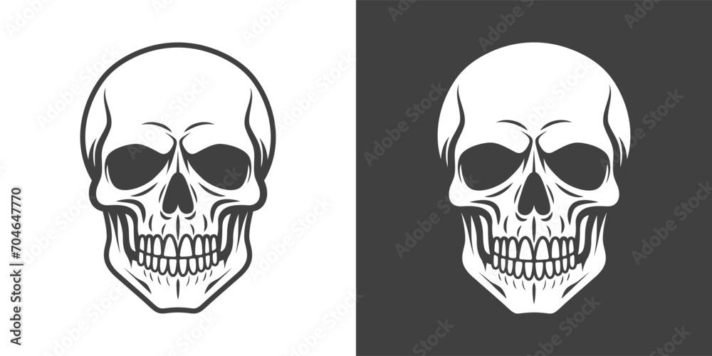 Vector Black and White Skull Icon Set Closeup Isolated. Skulls Collection with Outline, Cut Out Style in Front View. Hand Drawn Skull Head Design Template