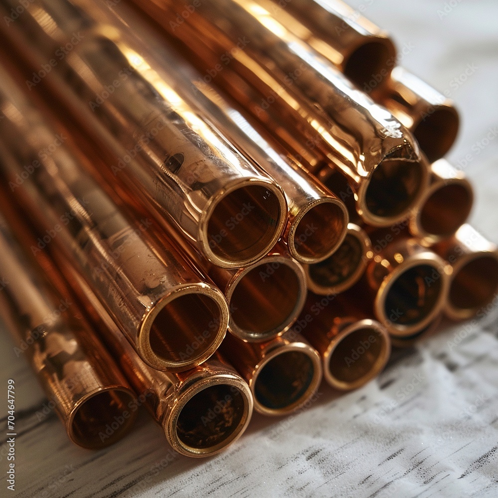Naklejka premium A stack of copper pipes close-up, ai generated