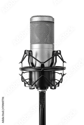 Silver microphone on the gray background isolated. Transparent PNG image. photo