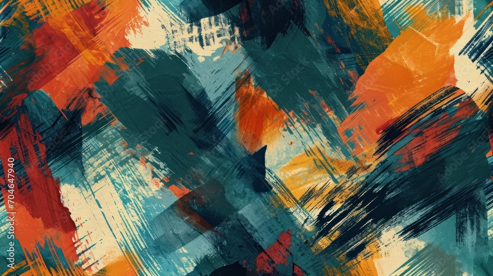  an abstract painting of orange, blue, green, and black squares and rectangles on a white background.