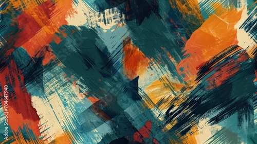  an abstract painting of orange  blue  green  and black squares and rectangles on a white background.