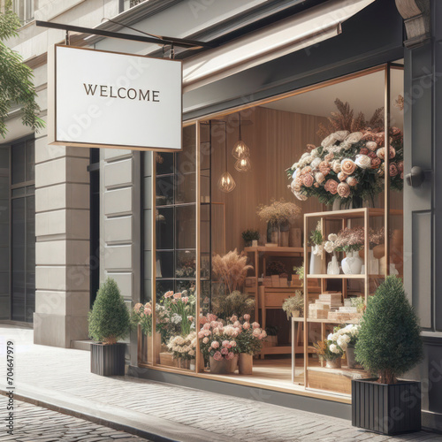 street outdoor view of a generic flower or roses shop display welcome window with signboard mockup. ai generative #704647979