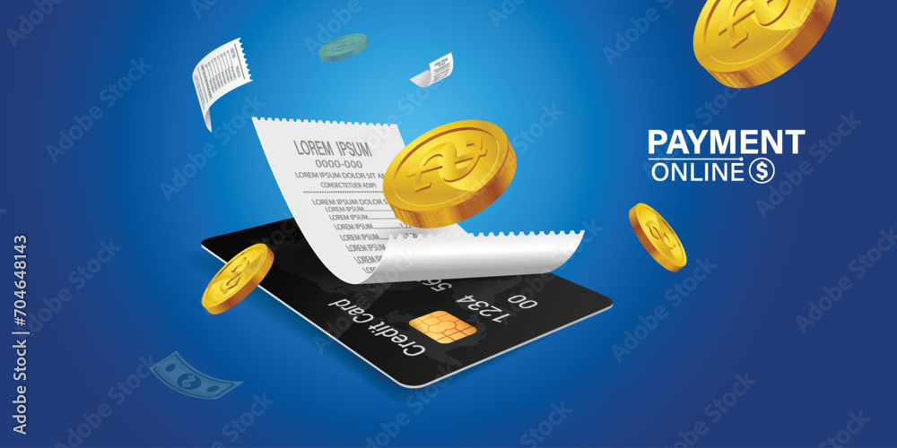Bill of expenses is on mobile phone.Pay bills with mobile phone.Online shopping spending.Online shopping via smartphone.Bill payment flat isometric vector concept of mobile payment, shopping, banking. - obrazy, fototapety, plakaty 