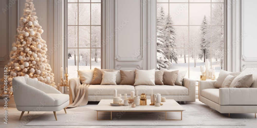 Contemporary interior design with a cozy living room adorned for Christmas and New Year celebrations.