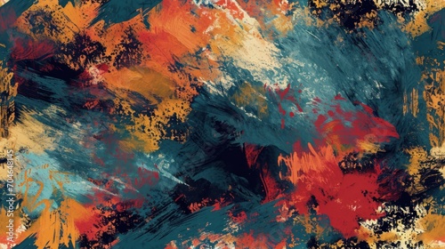  an abstract painting of red, orange, and blue colors on a white background with a black and yellow border.