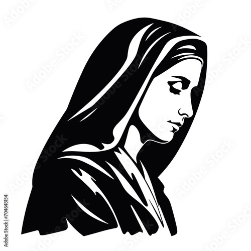 Our Lady Virgin Mary Mother of Jesus, Holy Mary, madonna, vector illustration, black on white background, printable, suitable for logo, sign, tattoo, laser cutting, sticker and other print on demand	