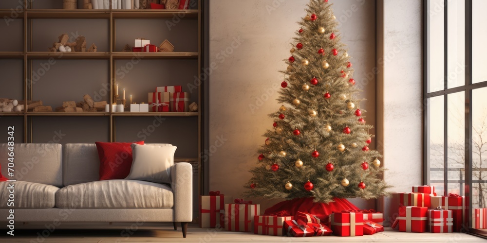 Decorated Christmas tree with gifts below in the living area.