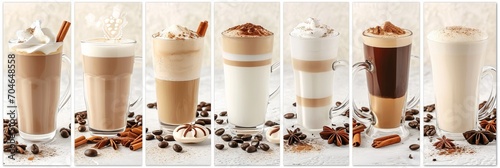 Coffee shop products collage with divided segments and white vertical lines in bright light style photo