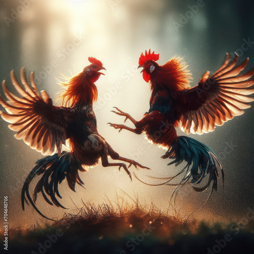 Photo two roosters fight on solid nature blured background. ai generative photo