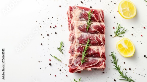 A professional photoshoot of a RAW LAMB RIB on a empty white background, top view bright light
