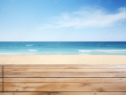 An empty wooden table with a blurred beach background