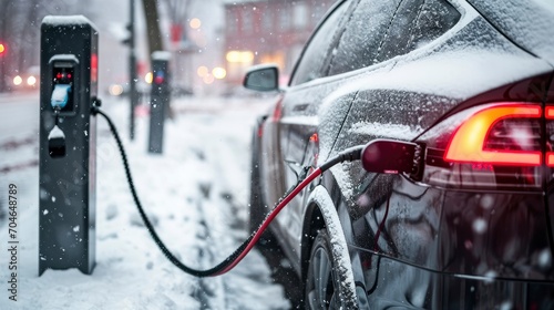An electric car is parked at a charging station in the snow. This image can be used to illustrate eco-friendly transportation and the use of electric vehicles in winter conditions photo