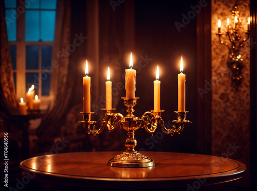 A romantic candles  in a luxurious baroque-style interior with antique furniture and a gothic window, where the fire of the candles reflects in the glass and metal, creating an atmosphere of warmth, c © Viktoriia