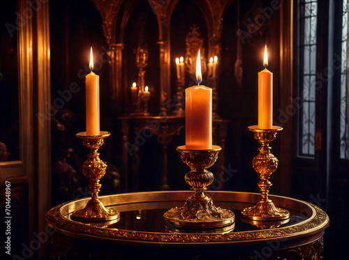 A romantic candles in a luxurious baroque-style interior with antique furniture and a gothic window, where the fire of the candles reflects in the glass and metal, creating an atmosphere of warmth, c