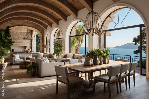 Modern Mediterranean Living Room and Dining Room with Ocean View