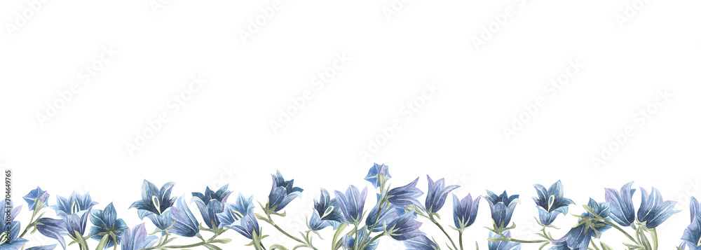 Bluebell flowers seamless border. Hand drawn watercolor illustration. Spring easter vintage pale blue floral border for invitation, label, logo design. Isolated on white background - obrazy, fototapety, plakaty 